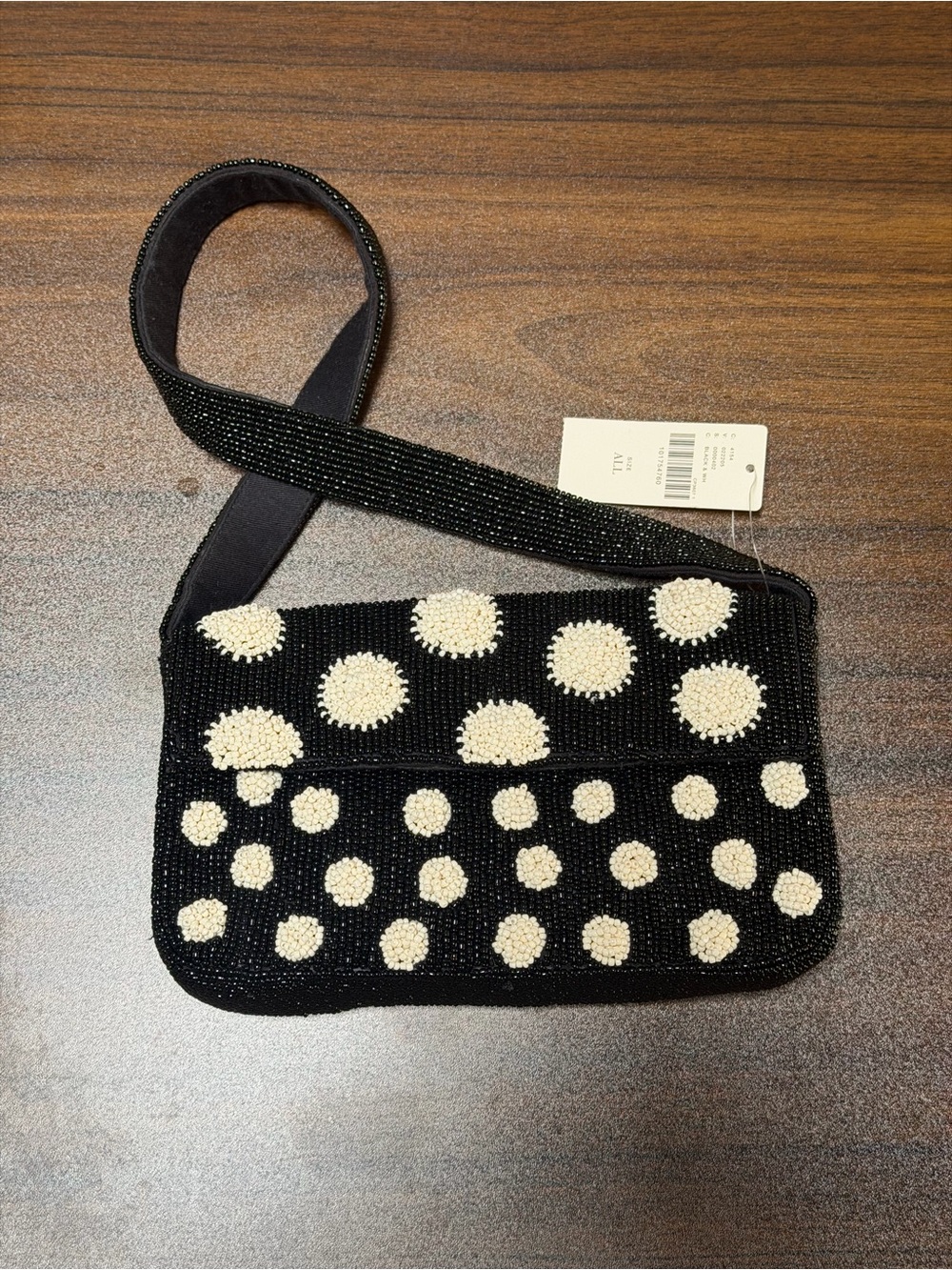 Anthropology Beaded Black Shoulder Bag with Ivory Polka Dots
